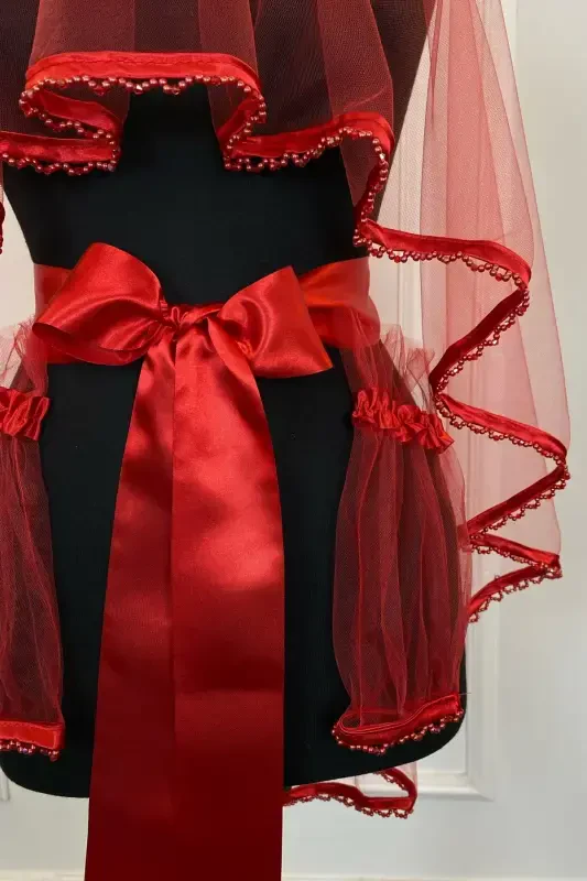 Qizil jiyakli, uchida boncukli kelinlik fati, belbog', qo'l guli, qo'lqoplar to'plami, xina kechasi uchun yuz niqobi 6 qism - SOCHAKLIQIZILJIYAKLI - 3