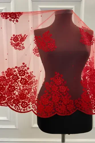 Qizil juft naqshli flok bosma simli kelinlik pardasi kamar qo'lqoplar to'plami-qizil - 3