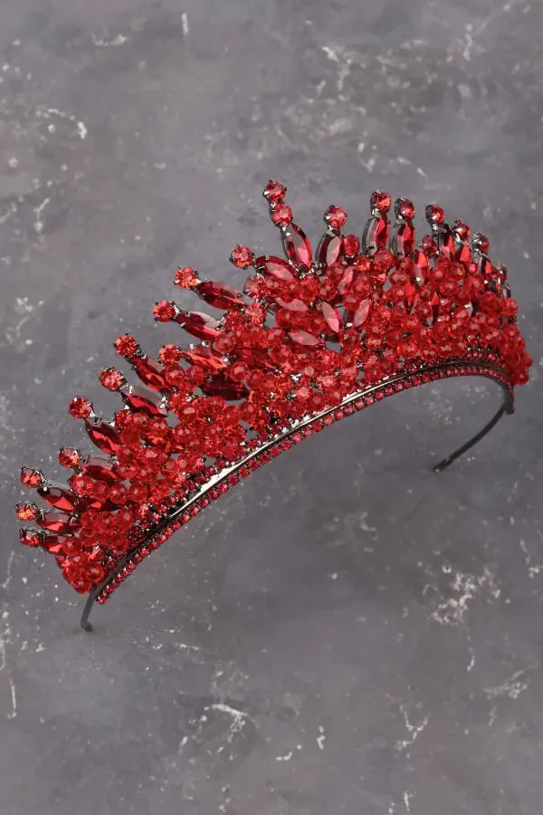 Qizil Kristal Toshli Munchoqlar bilan Bezatilgan Kelin Xina To'y Toji - 3