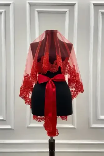 Qizil nafis kelinlik ro'moli kamar qo'lqop to'liq to'plam - Qizil - ZEYMERADE (1)