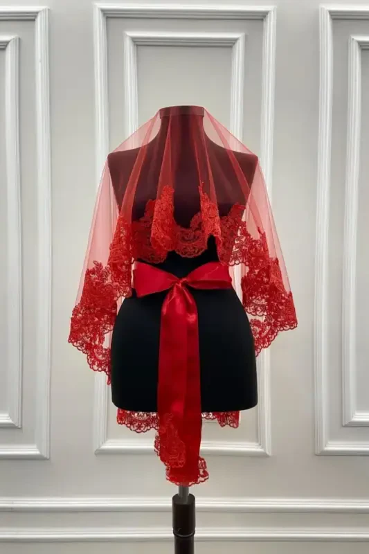 Qizil nafis kelinlik ro'moli kamar qo'lqop to'liq to'plam - Qizil - 2