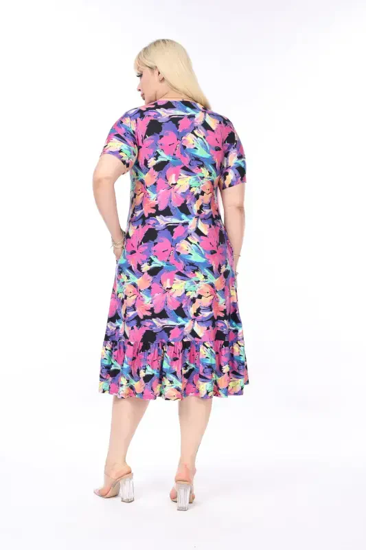 Qizil naqshli etakli, burmali cho'ntakli katta o'lchamli ko'ylak-KO'K - 4