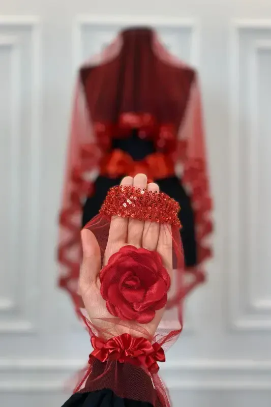 Qizil orkide kelinlik pardasi to'plami, tangachali munchoqli suv toshli xina pardasi to'plami 6 qism, -Qizil - 4