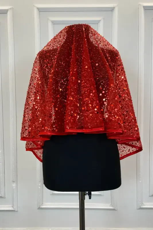 Qizil Otantik Vip Kelin Ro'mol To'plami, To'liq Sequins Munchoq Marvaridli Yorqin Xina Ro'mol To'plami 6 Bo'lak-Qizil - 7