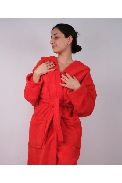 Қизил рангли 100% пахтадан тўқилган капюшонли халат. S-M-L-XL-2XL-3XL-4XL катта ўлчамларда. - DC TEKS