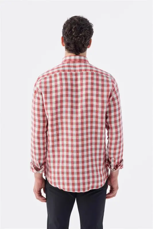 Qizil rangli Comfort Fit katakli 100% zig'ir ko'ylak - 4