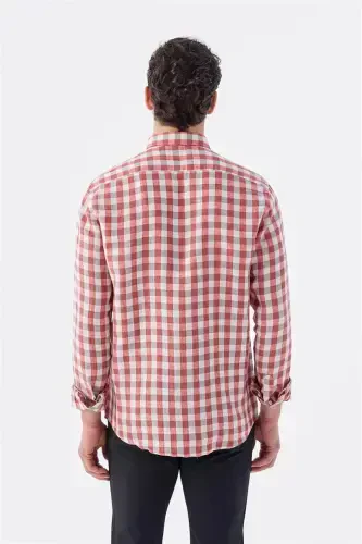 Qizil rangli Comfort Fit katakli 100% zig'ir ko'ylak - 4