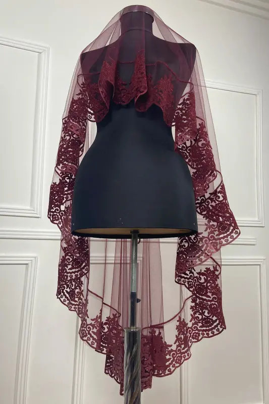 Qizil rangli flok bosma kelin pardasi, xina marosimi yuz örtügi - 2