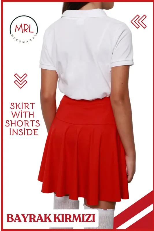 Qizil shortli yubka baland bel maktab o'yin ko'rsatuv bayram hovuz dengiz tadbir Skirt With Shorts 4101-KIRMIZI - 3