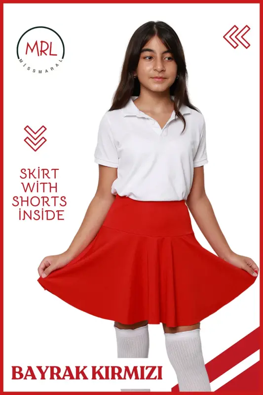 Qizil shortli yubka baland bel maktab o'yin ko'rsatuv bayram hovuz dengiz tadbir Skirt With Shorts 4101-KIRMIZI - 5