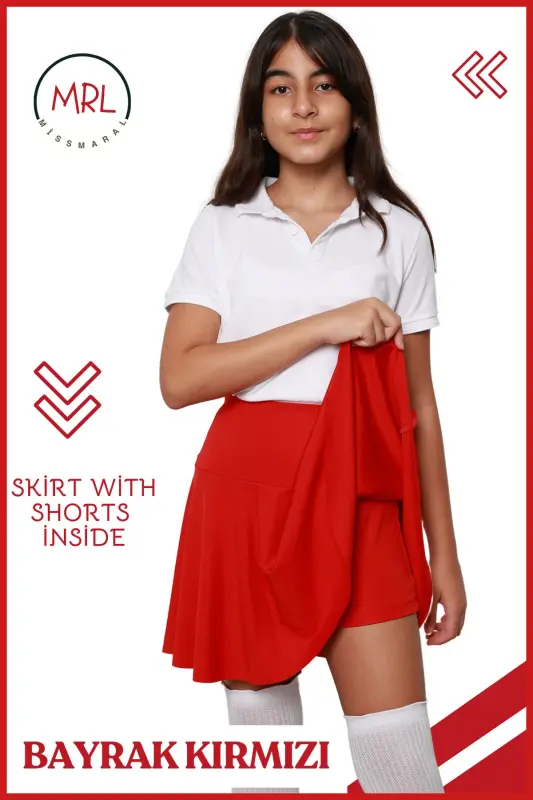 Qizil shortli yubka baland bel maktab o'yin ko'rsatuv bayram hovuz dengiz tadbir Skirt With Shorts 4101-KIRMIZI - 6