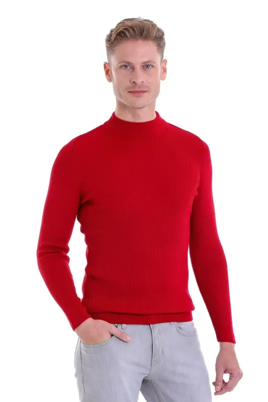 Qizil Slim Fit Fitilli Yarim Balikchi Yaka Yünli - HATEMOĞLU