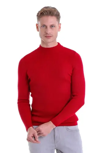 Qizil Slim Fit Fitilli Yarim Balikchi Yaka Yünli - HATEMOĞLU (1)