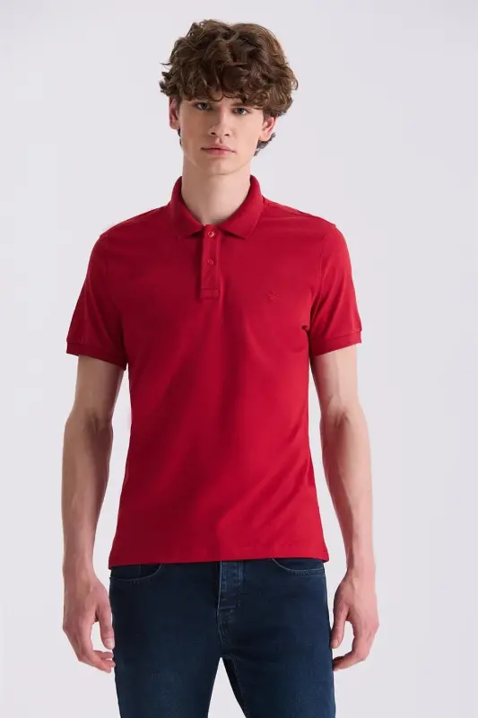Qizil Slim Fit Polo Yaka Futbolka - 1