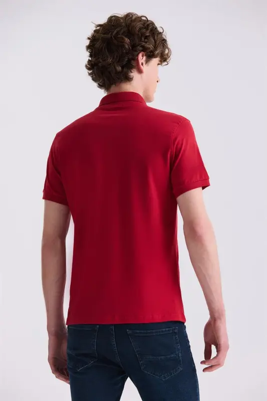Qizil Slim Fit Polo Yaka Futbolka - 4