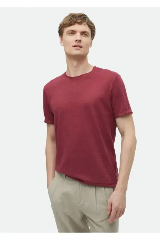 Qizil Tekis Velosiped Yoqasi %100 Zig'irli Futbolka - RAMSEY