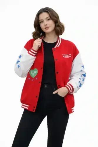 Qizil Varsity Chiptali Bosmali Oversize Qolip Kollej Kurtka - Qizil - 3