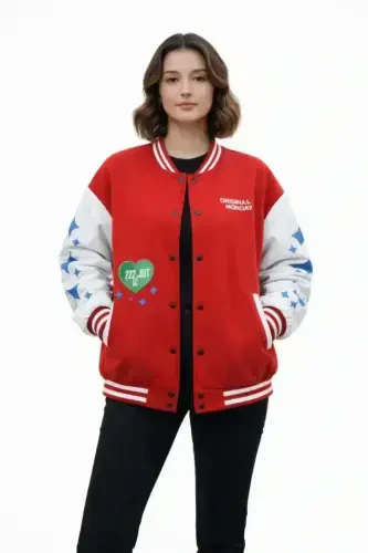 Qizil Varsity Chiptali Bosmali Oversize Qolip Kollej Kurtka - Qizil - 4