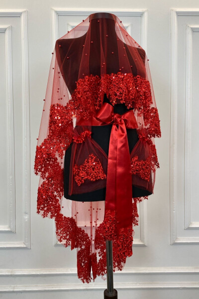 Qizil VIP To'y Parchasidan To'plam, Romashka Gullari bilan bezatilgan Toshlar bilan Bezatilgan Parchalar bilan Bezatilgan Xina Parchasidan To'plam 6 dona - 21