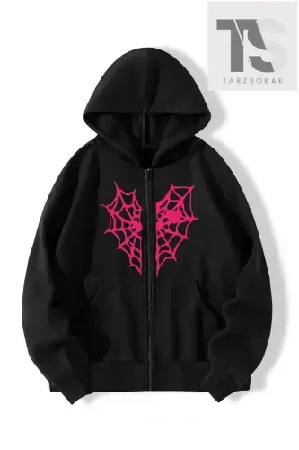 Qizil Yurak O'rgimchak To'ri Sweatshirt Fermuarli Kardigan-qora pkalpp - 1