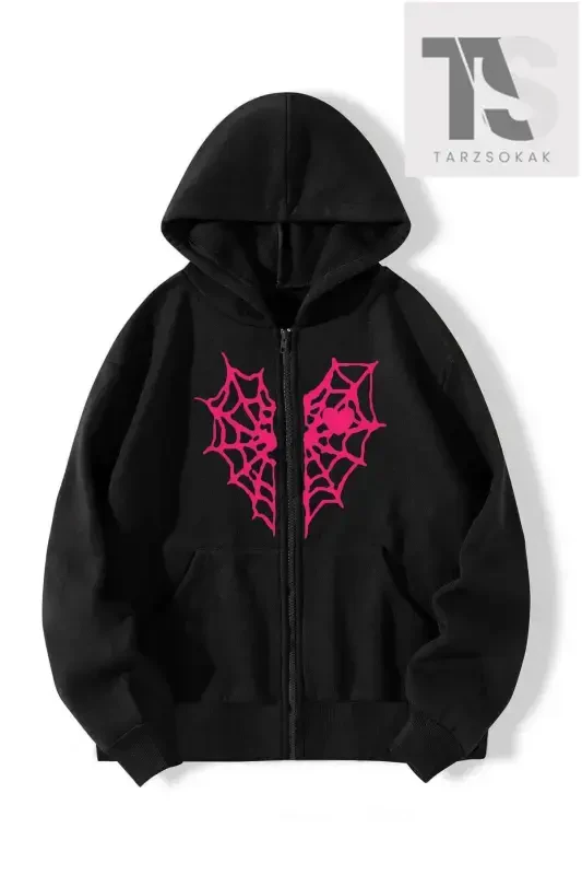 Qizil Yurak O'rgimchak To'ri Sweatshirt Fermuarli Kardigan-qora pkalpp - 1