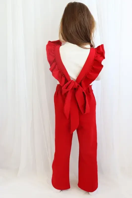 Qizlar uchun Berlin qizil paxtadan tikilgan, jingalak va toka bilan bezatilgan tulum-salopet to'plami - 6