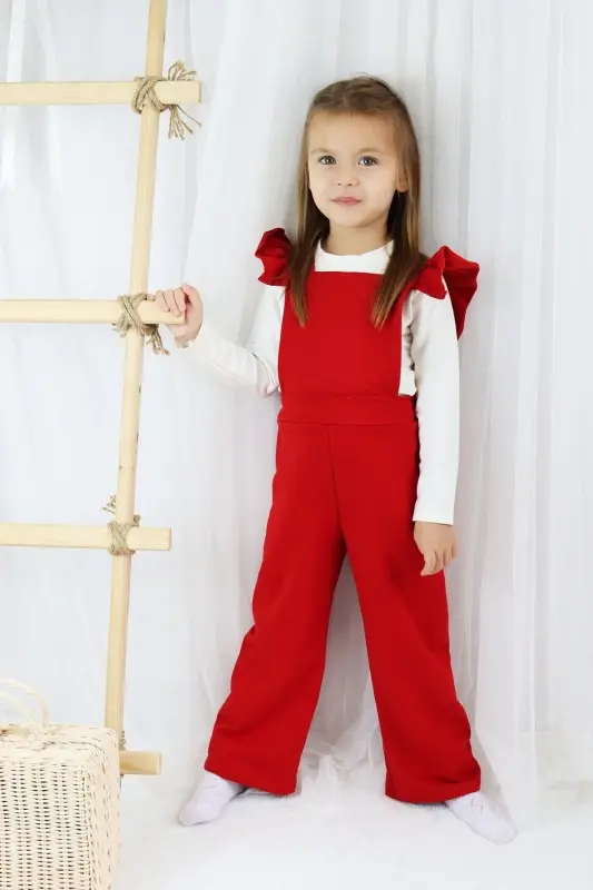 Qizlar uchun Berlin qizil paxtadan tikilgan, jingalak va toka bilan bezatilgan tulum-salopet to'plami - 4