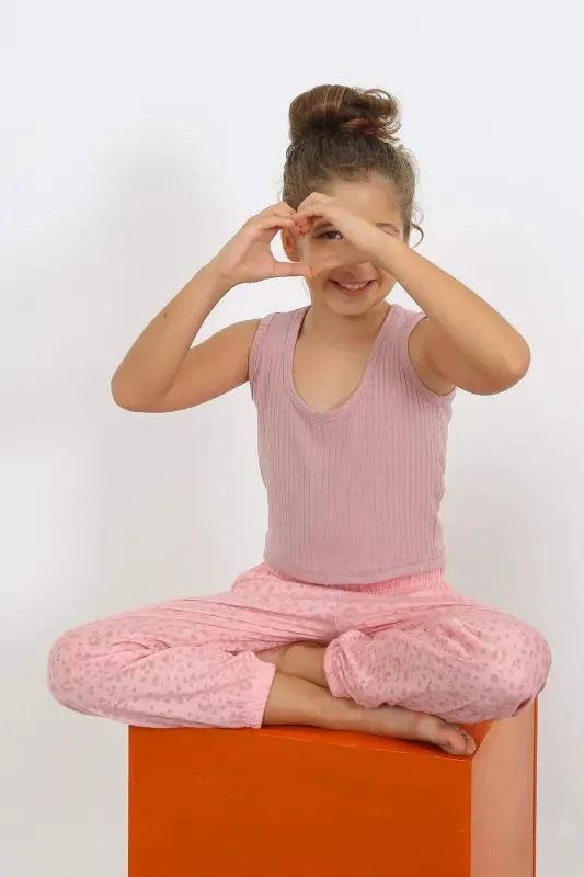 Qizlar uchun qisqa qo'lli pushti pijama to'plami 20433 - 8