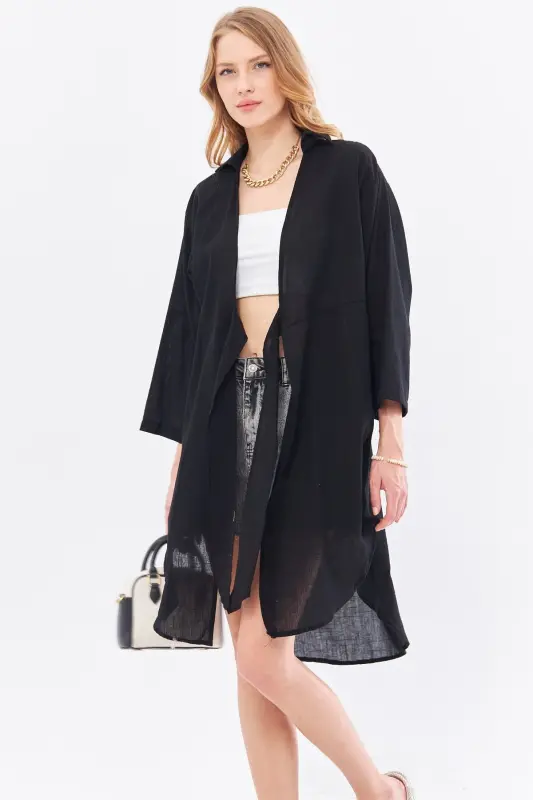 Qizlar uchun qora rangdagi oldidan bog'lamalı ingichka paxta midi yubka - 1