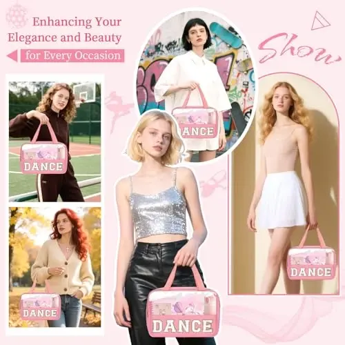 Qizlar uchun raqs sumkasi Chenille harfli shaffof DANCE buyumlari poyabzal sumkasi, kichkintoylar raqs kontserti sovg'alari balet kosmetik fermuar tutqichli, raqs musobaqasi aksessuarlari tualet buyumlari ayollar uchun (DANCE-pushti) - 7