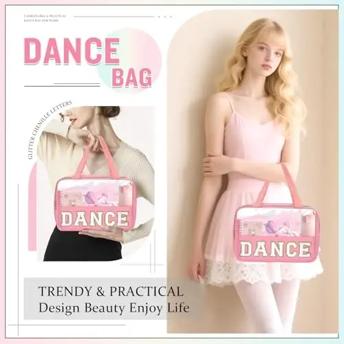 Qizlar uchun raqs sumkasi Chenille harfli shaffof DANCE buyumlari poyabzal sumkasi, kichkintoylar raqs kontserti sovg'alari balet kosmetik fermuar tutqichli, raqs musobaqasi aksessuarlari tualet buyumlari ayollar uchun (DANCE-pushti) - 5