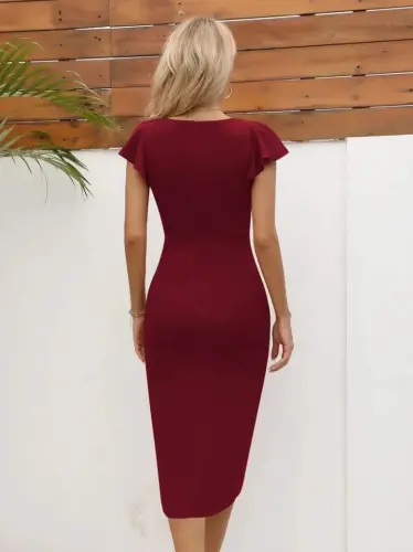 QKadın Kısa Kollu Kalp Yaka Yanlardan Büzgü Detay Midi Janjan Krep Elbise - 3