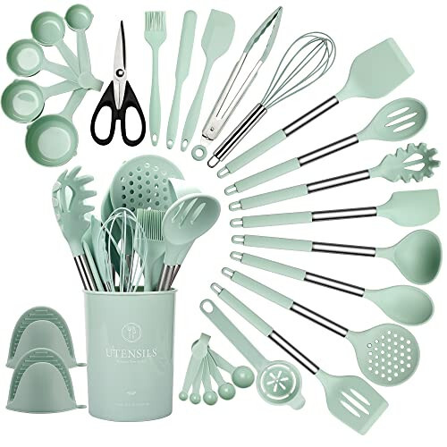 QMVESS Silicone Kitchen Utensil Set, 28 Pcs Non-Stick Cooking Utensils Set with Holder, Tongs, Spatula, Whisk, Measuring Cups and Spoons Set with Stainless Steel Handle Kitchen Gadgets (Light Green) - 1