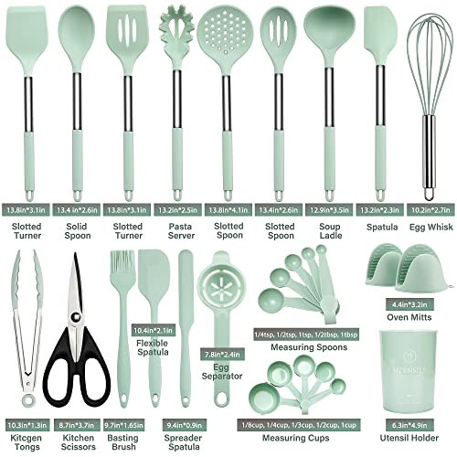 QMVESS Silicone Kitchen Utensil Set, 28 Pcs Non-Stick Cooking Utensils Set with Holder, Tongs, Spatula, Whisk, Measuring Cups and Spoons Set with Stainless Steel Handle Kitchen Gadgets (Light Green) - 3