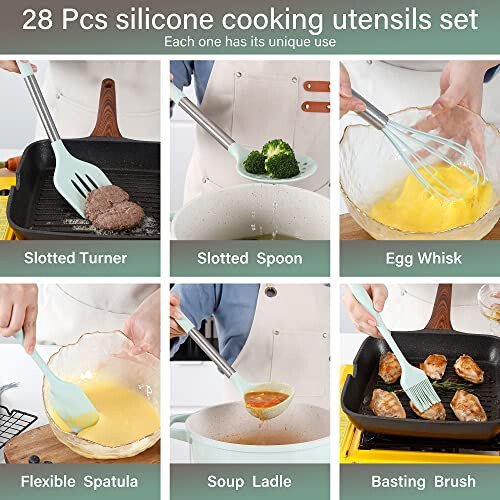 QMVESS Silicone Kitchen Utensil Set, 28 Pcs Non-Stick Cooking Utensils Set with Holder, Tongs, Spatula, Whisk, Measuring Cups and Spoons Set with Stainless Steel Handle Kitchen Gadgets (Light Green) - 4