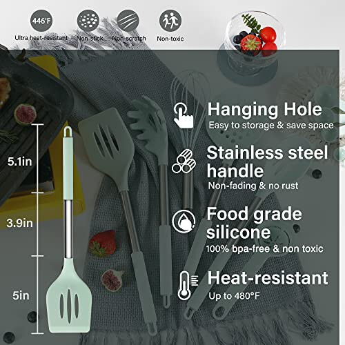 QMVESS Silikon Mutfak Eşyası Seti, 28 Parça Yapışmaz Pişirme Eşyası Seti, Tutucu, Pense, Spatula, Tel Çırpıcı, Ölçü Bardakları ve Kaşıklar Seti Paslanmaz Çelik Saplı Mutfak Aletleri (Açık Yeşil) - 5