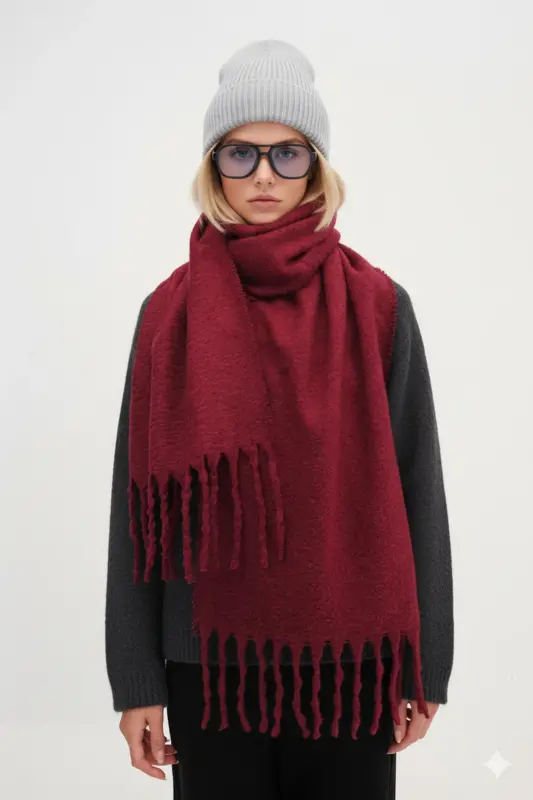 Qohira Bouclé 100% Buklet Yumshoq Premium Trend Bordo sharf-Bordo - 7