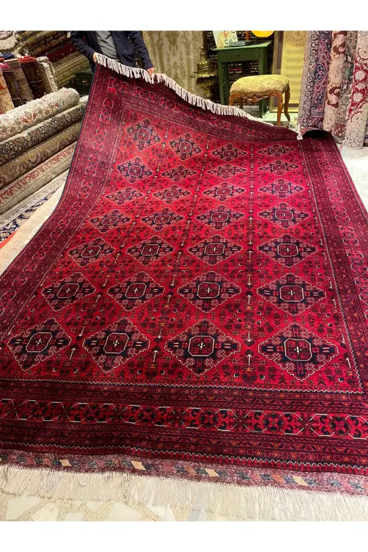 Qo'lda to'qilgan Afg'on Bilijik gilami, paxta asosida jun to'qima, tabiiy bo'yoq, o'lchami 360x246 - to'q qizil (bordo) - 1