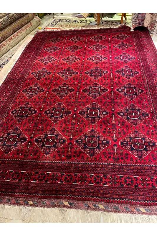 Qo'lda to'qilgan Afg'on Bilijik gilami, paxta asosida jun to'qima, tabiiy bo'yoq, o'lchami 360x246 - to'q qizil (bordo) - 2