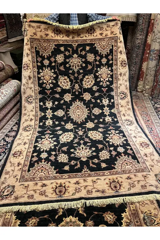 Qo'lda to'qilgan Afg'on Ushagi Ziegler gilami, paxta ustiga jun to'qilgan, ikkita teng o'lchamdagi 270x170 / 245x145 - Qora - 7