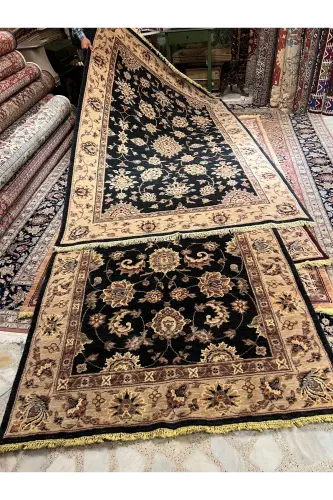 Qo'lda to'qilgan Afg'on Ushagi Ziegler gilami, paxta ustiga jun to'qilgan, ikkita teng o'lchamdagi 270x170 / 245x145 - Qora - 8