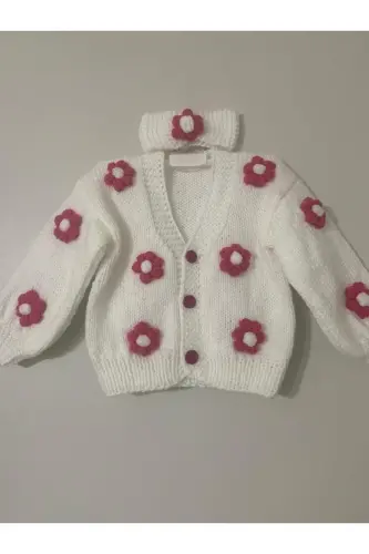 Qo‘lda To‘qilgan Bolalar Kardigani Oq - OQ - EL ÖRGÜSÜ CİCİ BEBE (1)