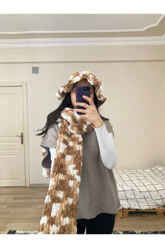 Qo‘lda To‘qilgan Puffy Sharf - qahva oq - 2