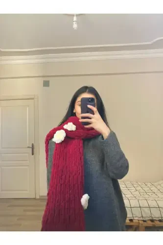 Qo'lda to'qilgan Puffy sharf ro'mol gulli-bordo oq bulutli - 1