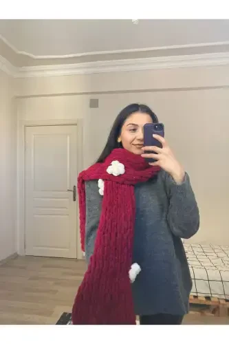 Qo'lda to'qilgan Puffy sharf ro'mol gulli-bordo oq bulutli - MODA BIÇER (1)