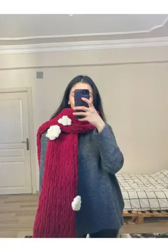 Qo'lda to'qilgan Puffy sharf ro'mol gulli-bordo oq bulutli - 3