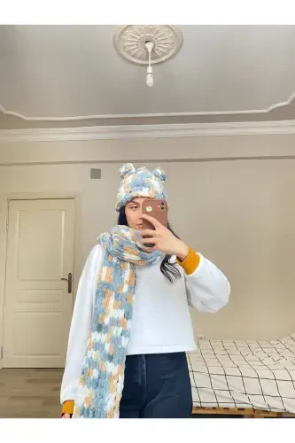 Qo'lda to'qilgan Puffy sharf ro'mol - kulrang dolchin oq - 3