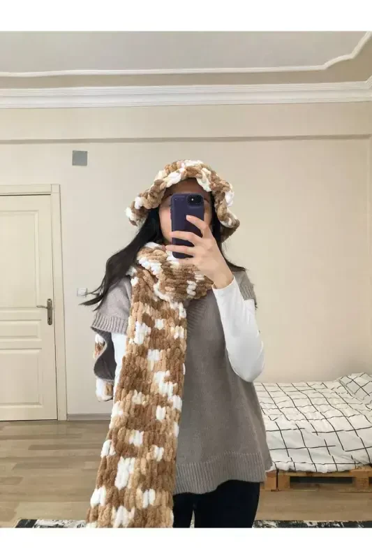 Qo'lda to'qilgan Puffy sharf ro'mol - qahva oq - 2