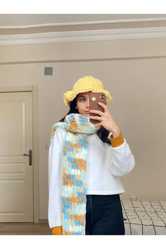 Qo'lda to'qilgan Puffy sharf ro'mol - turkuaz kofe oq - 3