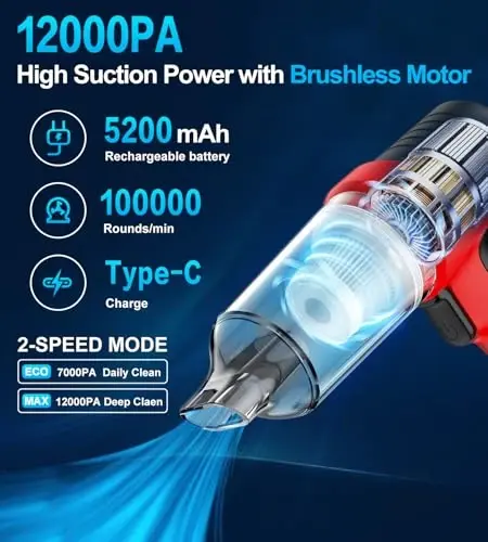 Qo'lda ushlanadigan chang yig'uvchi, puflash, chang yig'ish va nasos 4 ta 1 da mini avtomobil chang yig'uvchi, 12000Pa simsiz chang yig'uvchi, 180W yuqori quvvatli cho'tkasiz motorli va TypeC avtomobil, mehmonxona, ofis, uy hayvonlari uchun - 3
